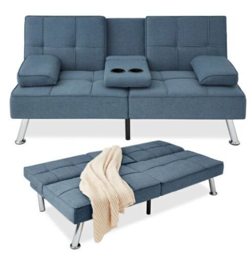 Linen Upholstered Convertible Sofa Bed Futon w/ 2 Cupholders - Lot 83