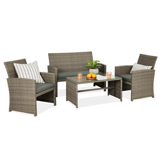 4-Piece Outdoor Wicker Conversation Patio Set w/ 4 Seats, Glass Table Top - Image 1 - Lot 90