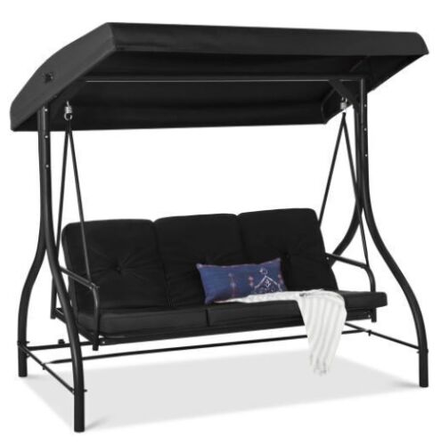3-Seat Outdoor Canopy Swing Glider Furniture w/ Converting Flatbed Backrest - Lot 95