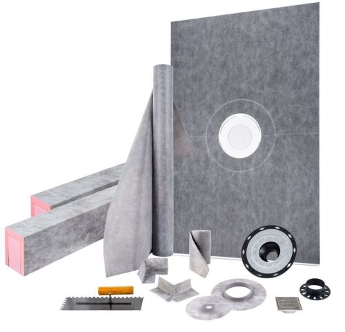 VEVOR Shower Curb Kit, 48"x72" Watertight Shower Curb Overlay with 4" ABS Central Bonding Flange, 4" Stainless Steel Grate, 2 Cuttable Shower Curb and Trowel, Shower Pan Slope Sticks Fit for Bath - Lot 106