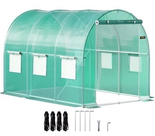 VEVOR Walk-in Tunnel Greenhouse with Galvanized Steel Hoops, 1 Top Beam, Diagonal Poles, Zippered Door & 6 Roll-up Windows, 9.8 x 6.6 x 6.6 ft - Lot 114