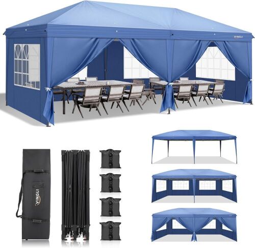 10x20 ft Pop Up Canopy with 6 Sidewalls, Blue - Lot 116