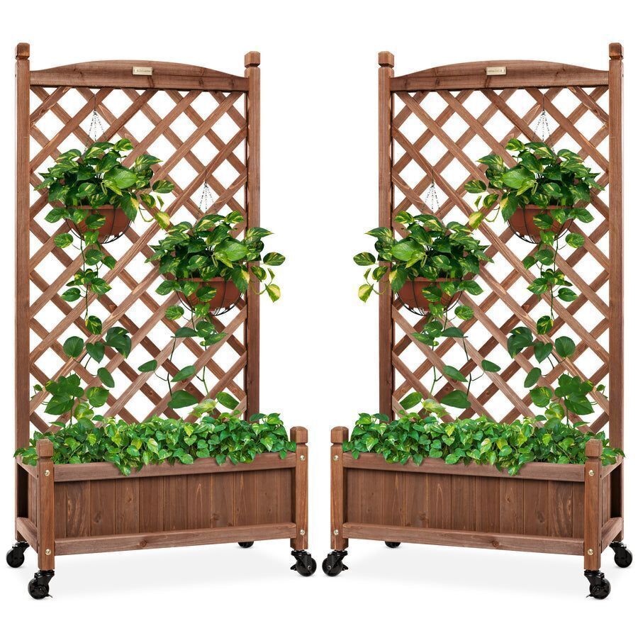 Set of 2 Wood Planter Box & Lattice Trellis w/ Optional Wheels - 48in - Image 1 - Lot 221
