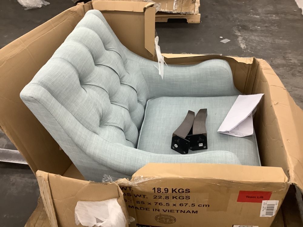 Madison Park Qwen Dusty Blue Button Tufted Accent Chair - Missing Front Legs - Image 2 - Lot 256
