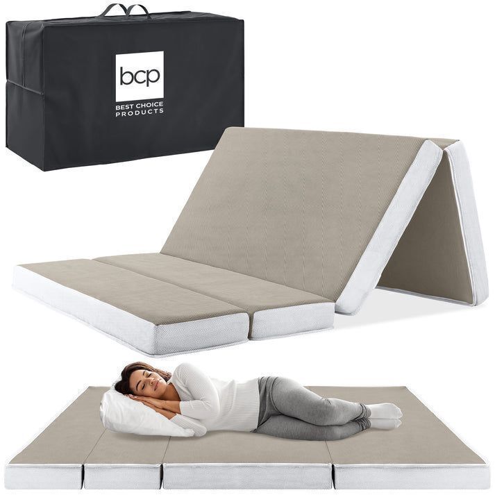 Queen Folding Portable Taupe Mattress Topper w/ Plush Foam - 4in - Image 1 - Lot 266