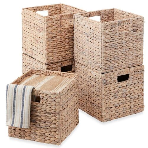 Set of 5 Collapsible Hyacinth Storage Baskets w/ Inserts - 13x13in - Lot 282