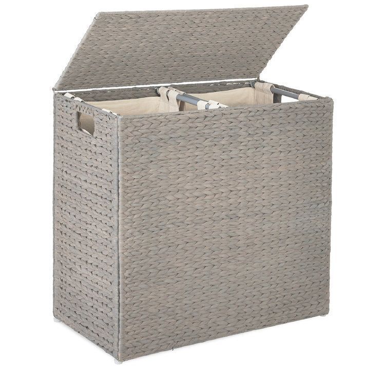 Large Water Hyacinth Double Laundry Hamper Basket w/ 2 Liner Bags - Image 1 - Lot 328