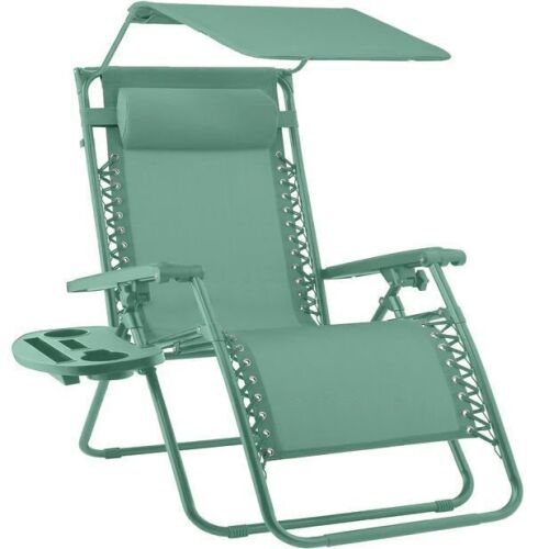 Folding Zero Gravity Recliner Patio Lounge Chair w/ Canopy, Side Tray - Lot 350