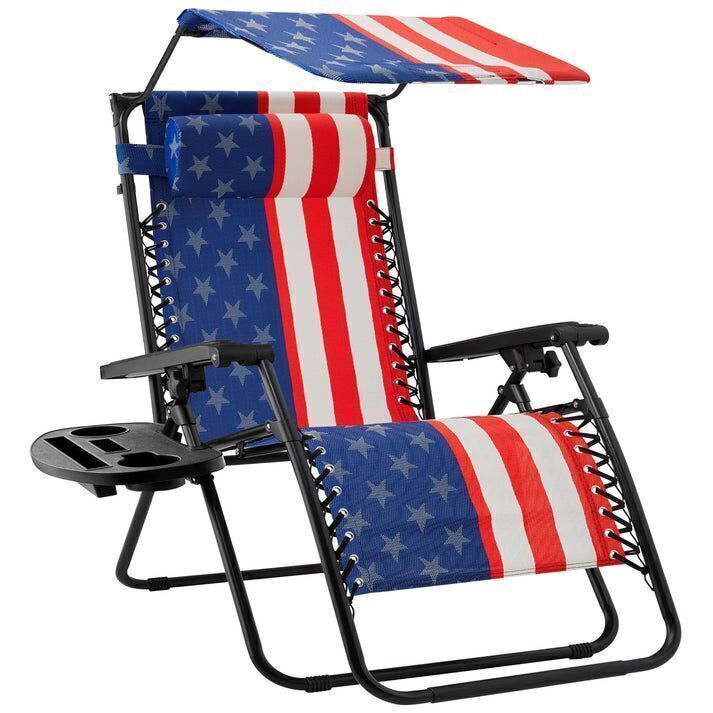 Folding Zero Gravity Recliner Patio Lounge Chair w/ Canopy, Side Tray - Image 1 - Lot 353