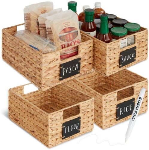 Set of 4 Water Hyacinth Pantry Baskets w/ Chalkboard, Marker - 12in - Lot 376