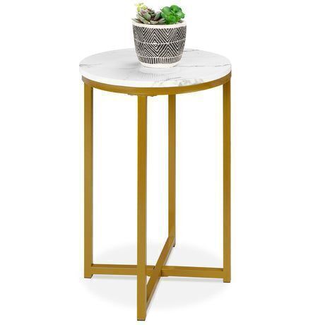Round Coffee Side Table w/ Faux Marble Top, Metal Frame - 16in - Lot 378