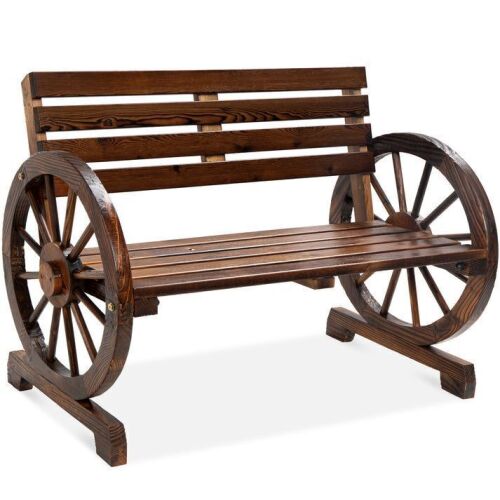 2-Person Rustic Wooden Wagon Wheel Bench w/ Slatted Seat and Backrest - Lot 442