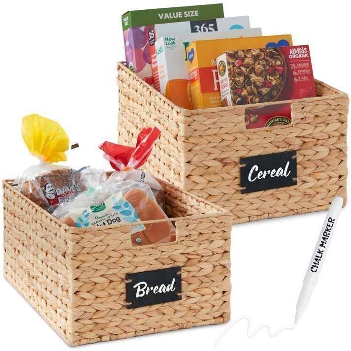 Set of 2 Water Hyacinth Pantry Baskets w/ Chalkboard, Marker - 16in - Image 1 - Lot 476
