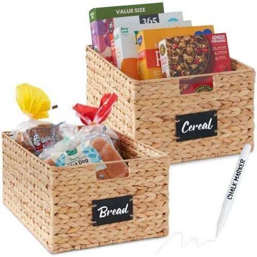 Set of 2 Water Hyacinth Pantry Baskets w/ Chalkboard, Marker - 16in - Lot 476