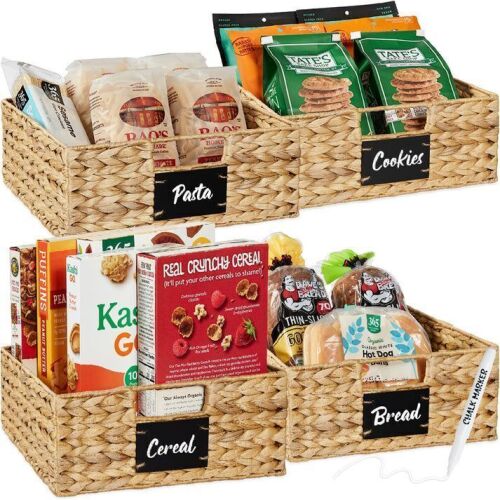 Set of 4 Water Hyacinth Pantry Baskets w/ Chalkboard, Marker - 13in - Lot 498
