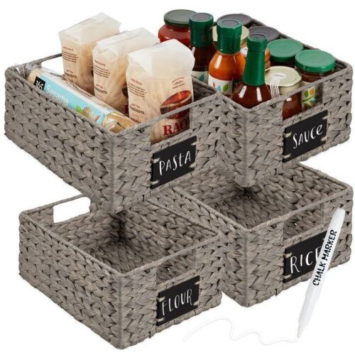 Set of 4 Water Hyacinth Pantry Baskets w/ Chalkboard, Marker - 12in - Lot 523