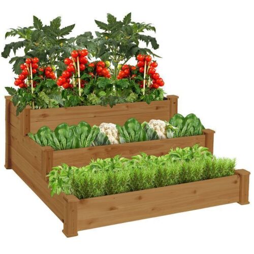 3-Tier Raised Fir Wood Garden Bed Planter w/ Stackable & Flat Setup - Lot 534
