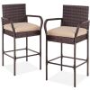 Set of 2 Indoor Outdoor Wicker Bar Stools w/ Cushion, Footrests, Armrests - Thumbnail 1