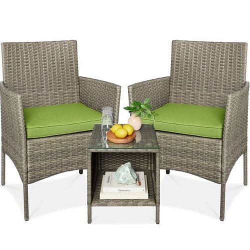 3-Piece Outdoor Patio Wicker Bistro Set w/ Side Storage Table - Lot 623