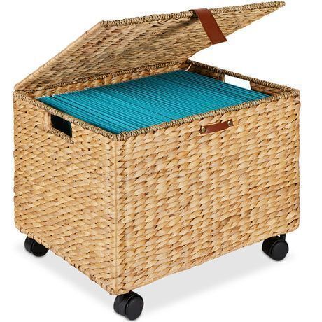 Mobile Water Hyacinth Rolling Filing Cabinet Storage Basket w/ Lid, Wheels - Lot 668