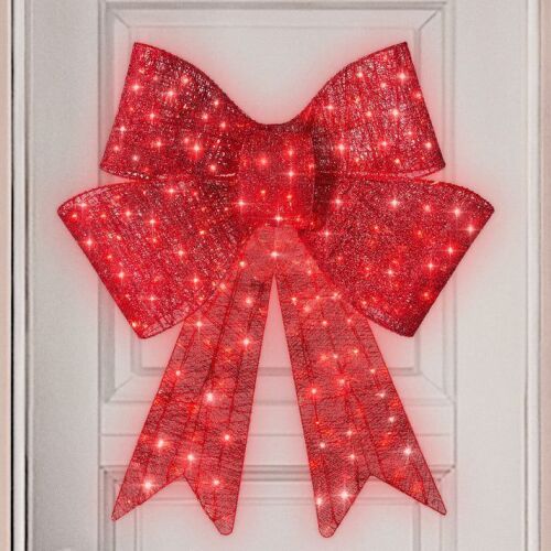 24" Pre-Lit Large Christmas Bow Decoration, Holiday Decor w/ 8 Functions - Lot 675