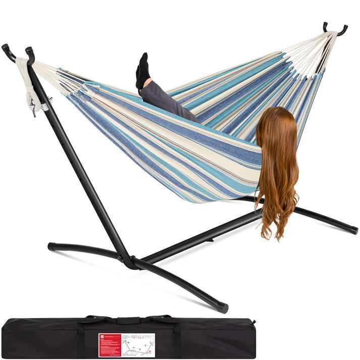 2-Person Brazilian-Style Double Hammock w/ Carrying Bag and Steel Stand - Image 1 - Lot 703