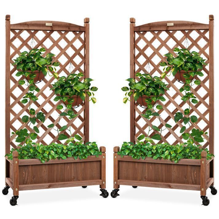 Set of 2 Wood Planter Box & Lattice Trellis w/ Optional Wheels - 48in - Image 1 - Lot 704