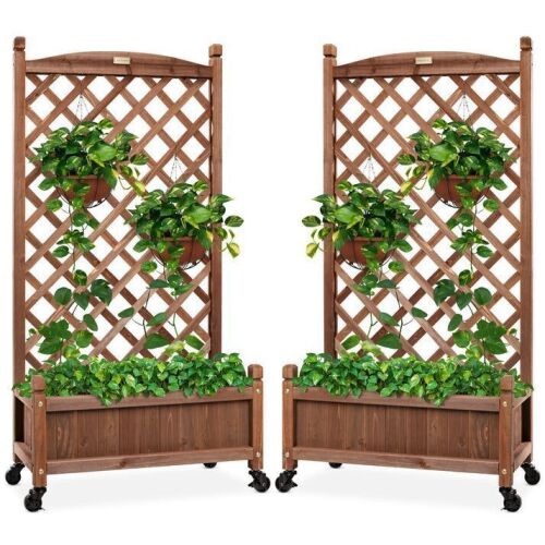 Set of 2 Wood Planter Box & Lattice Trellis w/ Optional Wheels - 48in - Lot 704