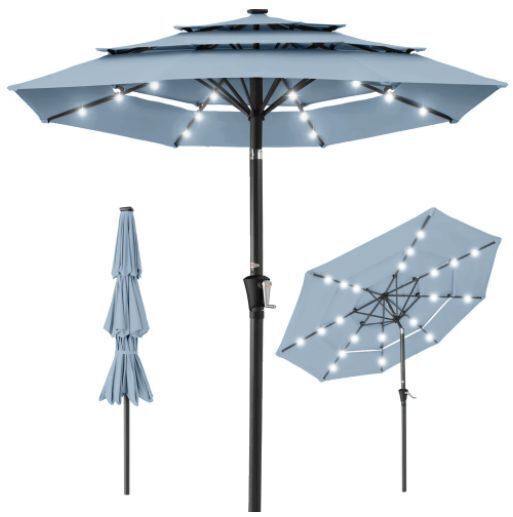 3-Tier Solar Patio Umbrella w/ LED Lights, Tilt Adjustment, Crank - 10ft - Image 1 - Lot 771
