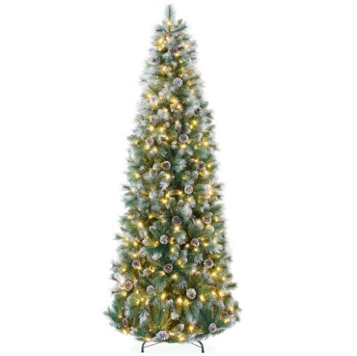 9' Pre-Lit Artificial Frosted Scotch Pine Pencil Christmas Tree w/ Metal Stand - Image 1 - Lot 780