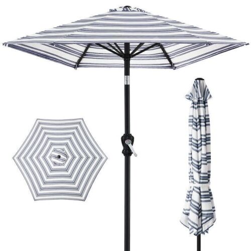 Outdoor Steel Striped Market Patio Umbrella w/ Tilt, Crank Lift - 10ft - Lot 782