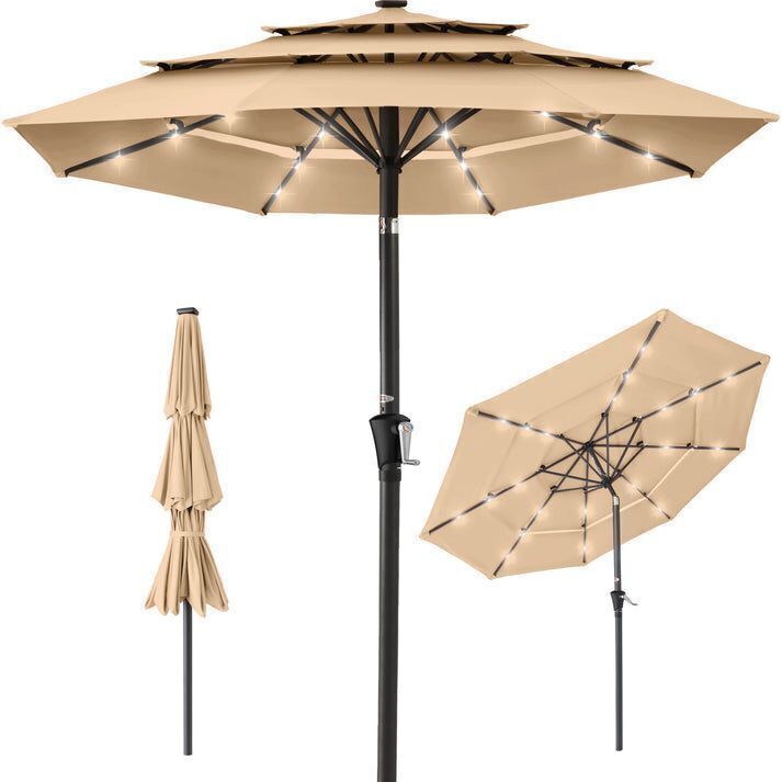 3-Tier Solar Patio Umbrella w/ LED Lights, Tilt Adjustment, Crank - 10ft - Image 1 - Lot 788