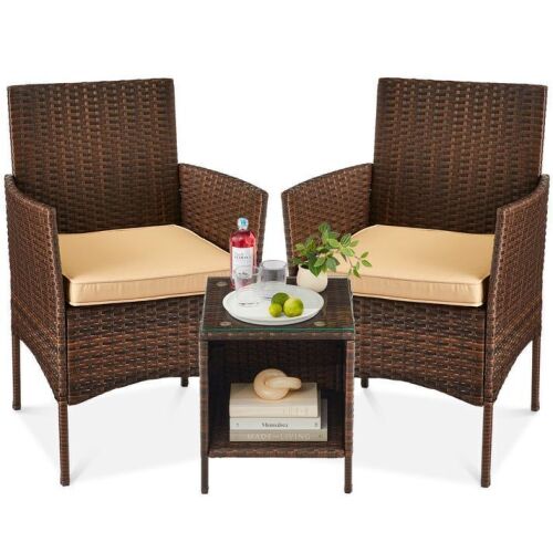 3-Piece Outdoor Patio Wicker Bistro Set w/ Side Storage Table - Lot 163