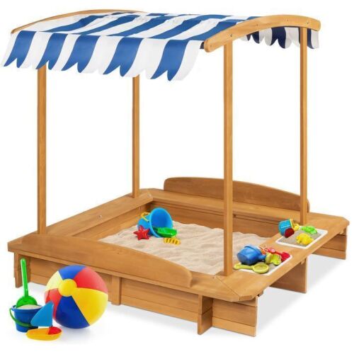 Kids Wooden Cabana Sandbox w/ Benches, Canopy Shade, Sand Cover, 2 Buckets - Lot 164
