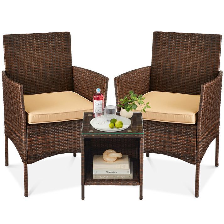 3-Piece Outdoor Patio Wicker Bistro Set w/ Side Storage Table - Image 1 - Lot 212