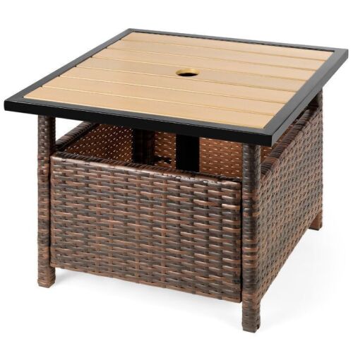 Outdoor Wicker Patio Side Table Accent Furniture w/ Umbrella Hole - Lot 440