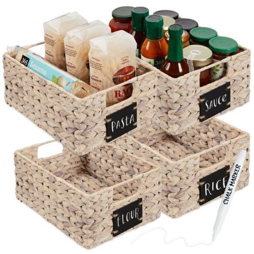 Set of 4 Water Hyacinth Pantry Baskets w/ Chalkboard, Marker - 12in - Lot 606