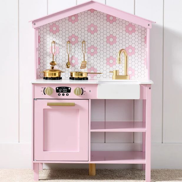 Pretend Play Wooden Farmhouse Kitchen Set w/ Storage, 5 Accessories - Image 1 - Lot 174