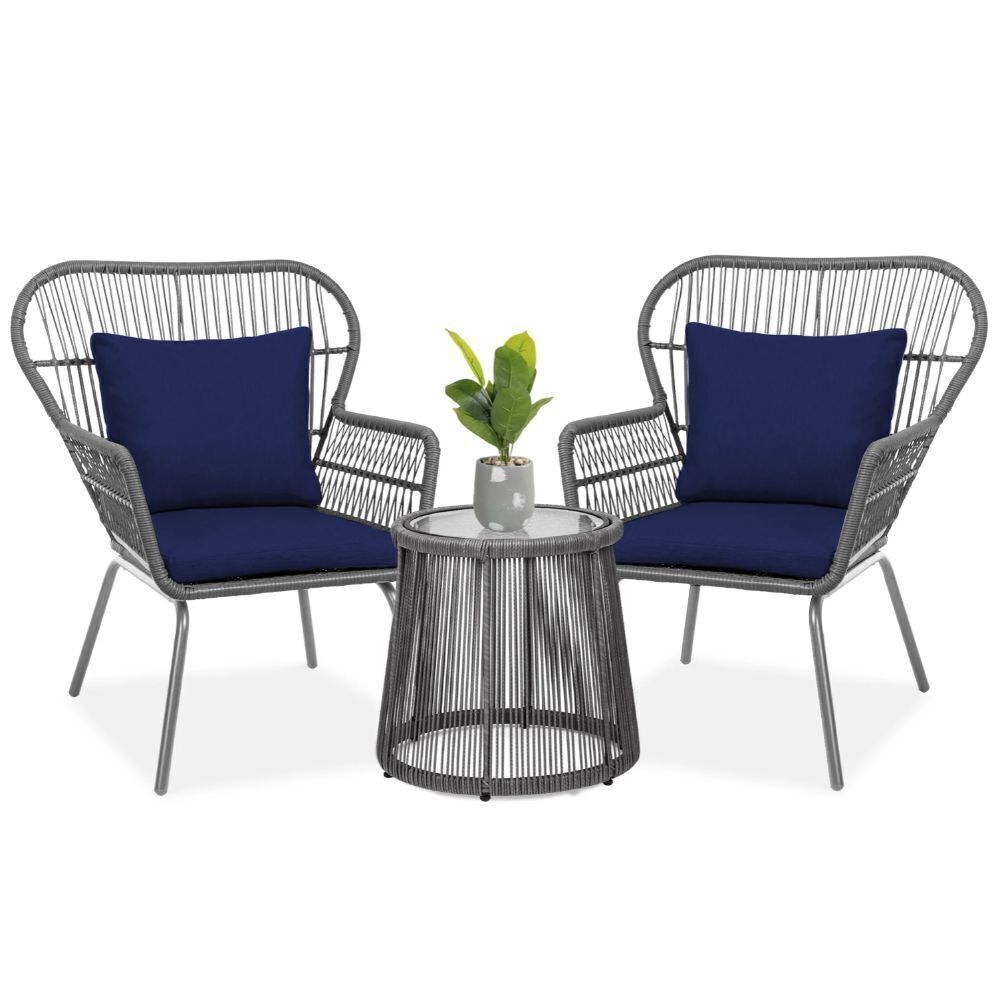 3-Piece Patio Wicker Conversation Bistro Set w/ 2 Chairs, Glass Top Table - Image 1 - Lot 39