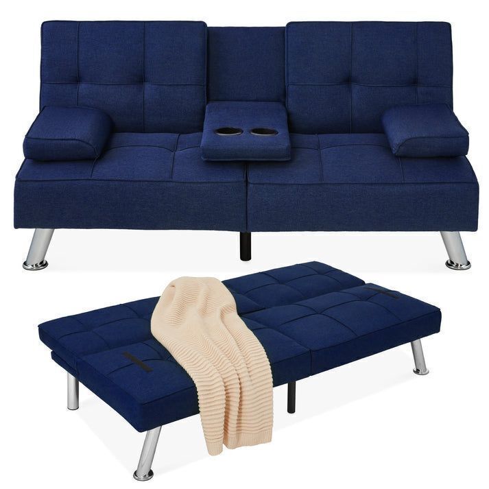 Linen Upholstered Convertible Sofa Bed Futon w/ 2 Cupholders - Image 1 - Lot 183