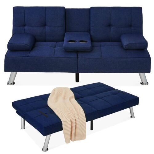Linen Upholstered Convertible Sofa Bed Futon w/ 2 Cupholders - Lot 183
