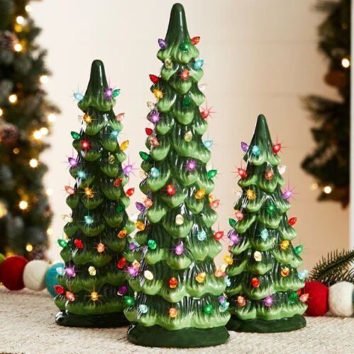 Set of 3 Pre-Lit Ceramic Tabletop Christmas Trees - Lot 510