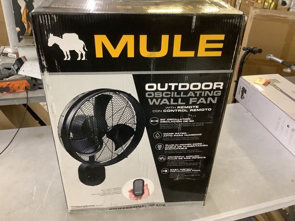 MULE Wall Mount Fan XL Indoor or Outdoor Matte Black 18 in. Oscillating 3-Speed High Velocity Max. 5100 CFM Fan with Remote - Image 2 - Lot 32JF