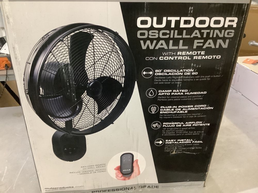 MULE Wall Mount Fan XL Indoor or Outdoor Matte Black 18 in. Oscillating 3-Speed High Velocity Max. 5100 CFM Fan with Remote - Image 3 - Lot 32JF