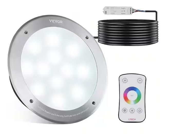 VEVOR 12-Volt LED 10 in. 40-Watt RGBW Color Changing Inground Swimming Pool Spa Light Underwater Remote Control - Image 1 - Lot 436JF