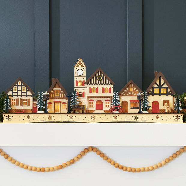 Pre-Lit Wooden Christmas Village, Winter Mantel Decor w/ 20 LED Lights - Image 1 - Lot 7083