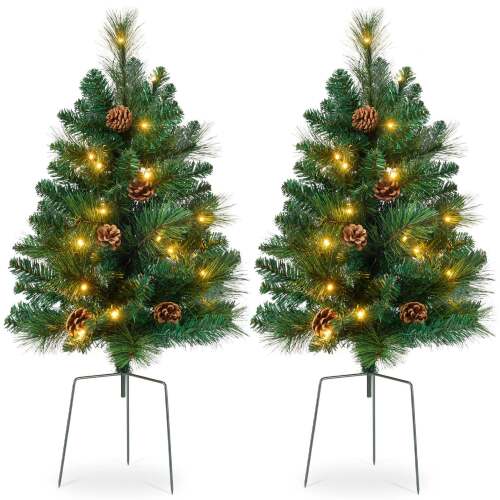 Set of 2 Pre-Lit Pathway Christmas Trees w/ Pine Cones, Timer - 24.5in - Lot 7086
