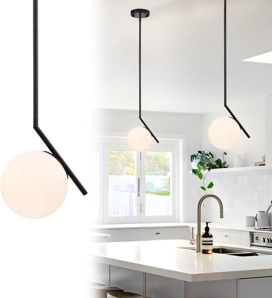 Matte Black Pendant Light Kitchen Island 5.9" Globe Milk Glass Shade Mid Century Modern Pendant Lighting Fixture for Hallway Entryway Closet Bathroom Bedroom Laundry Room Bars Easy Install - Image 1 - Lot 7120