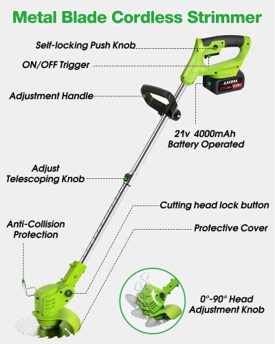Electric Weed Wacker Cordless, 21V Weed Cordless Eater Battery Powered, with 2Pcs 4.0Ah Batteries, Stringless Brush Cutter, Lightweight Foldable Grass Trimmer, 3 Types Blades, Green - Lot 7123