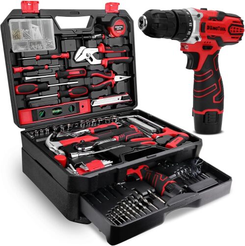 KingTool 276-Piece Tool Set Kit - Tool kit with 12V Cordless Power Drill Driver Toolbox Storage Case with Drawer, Drill Set Perfect for Homeowner, Diyer, Handyman - Lot 7140
